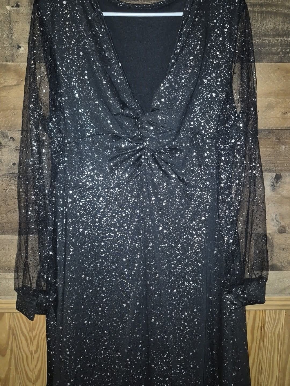 Knot-Front Black Long-Sleeve Sparkle Dress